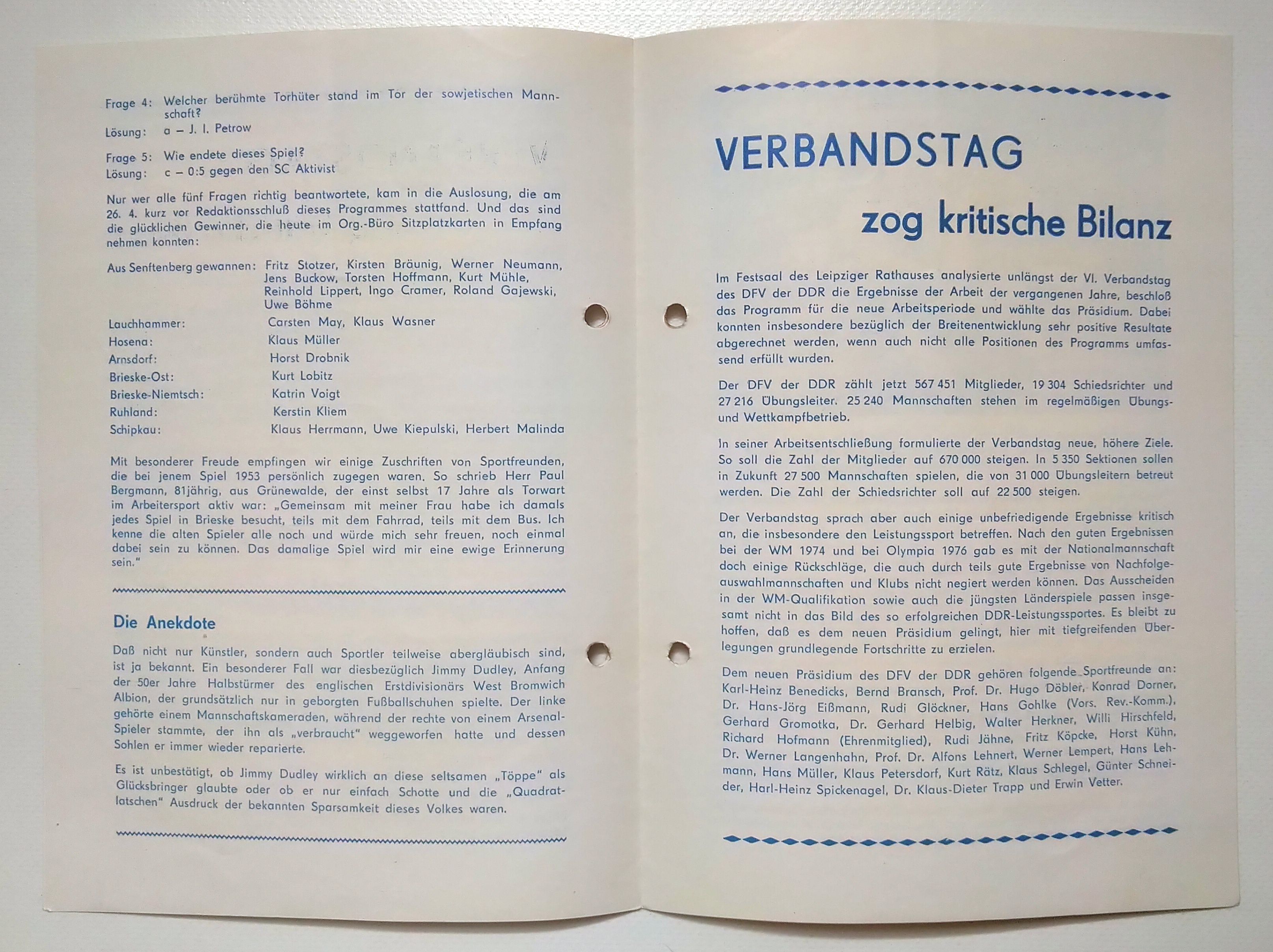 Programmheft Fußballänderspiel DDR gegen DuSSR 1978