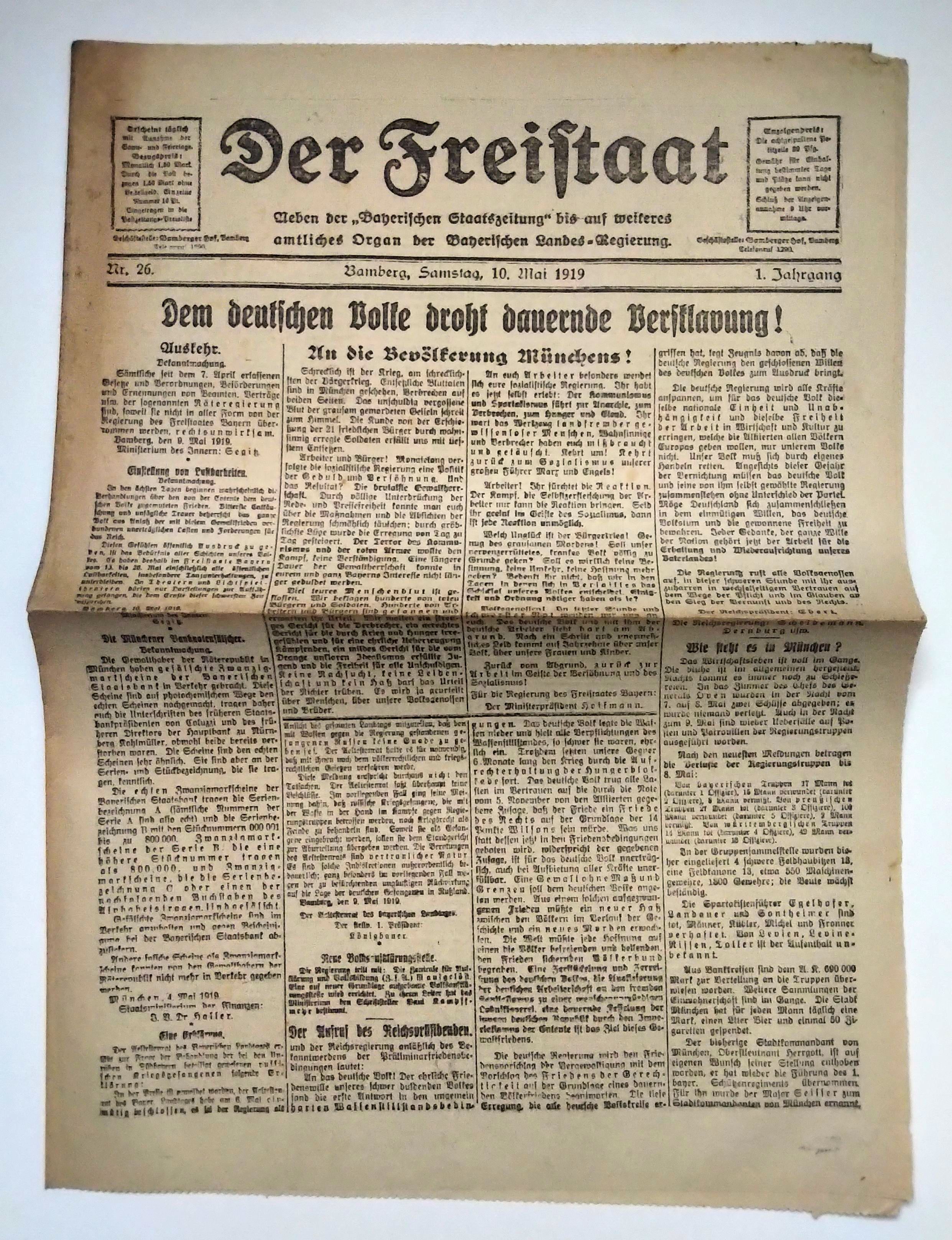 Der Freistaat 1919 Nr 26 dem deutschen Volke droht Versklavung Der Freistaat 1919 Nr 26 dem deutschen Volke droht Versklavung
