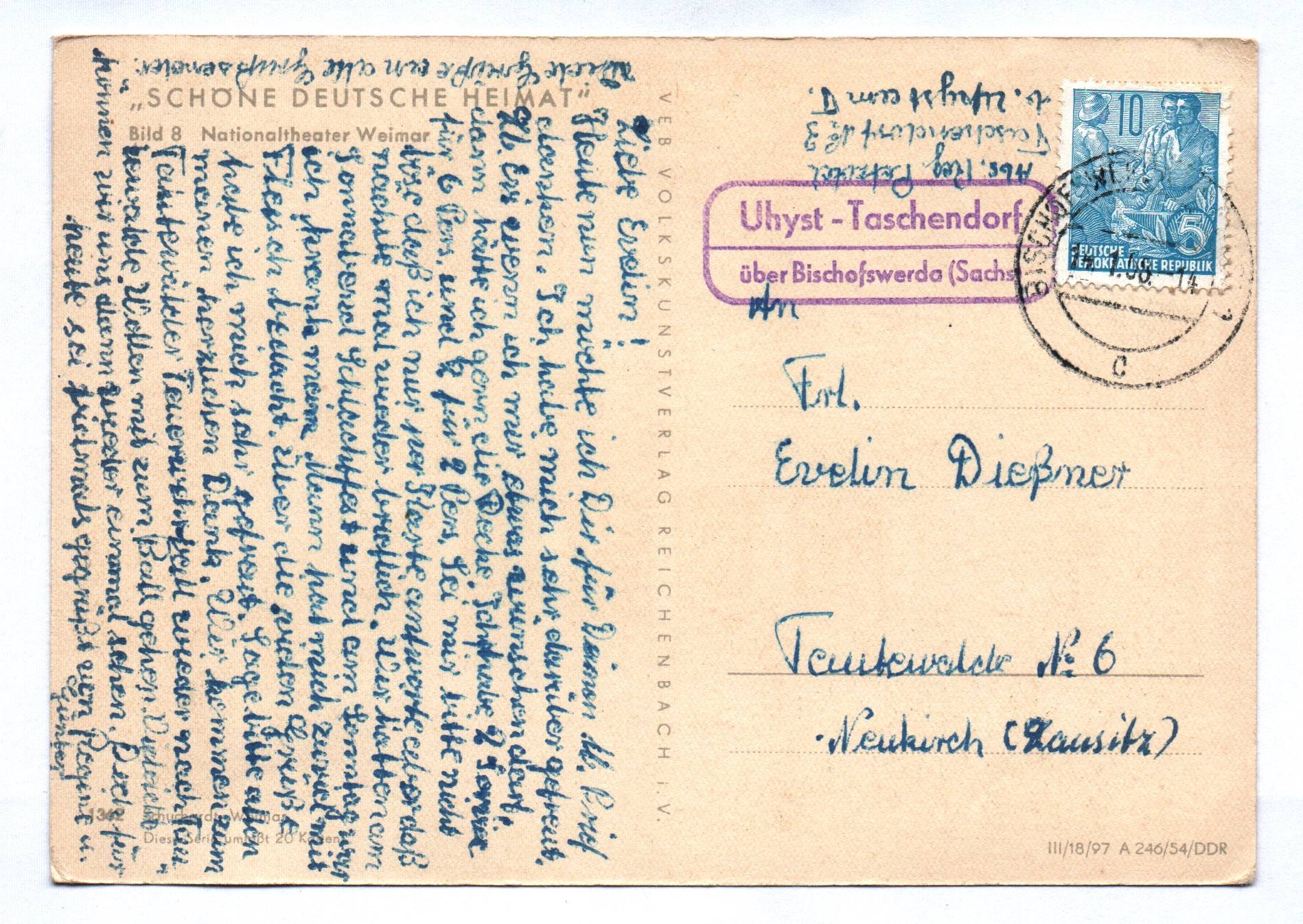 Ak Nationaltheater Weimar Landpoststempel Uhyst 1954 Ak Nationaltheater Weimar Landpoststempel Uhyst 1954