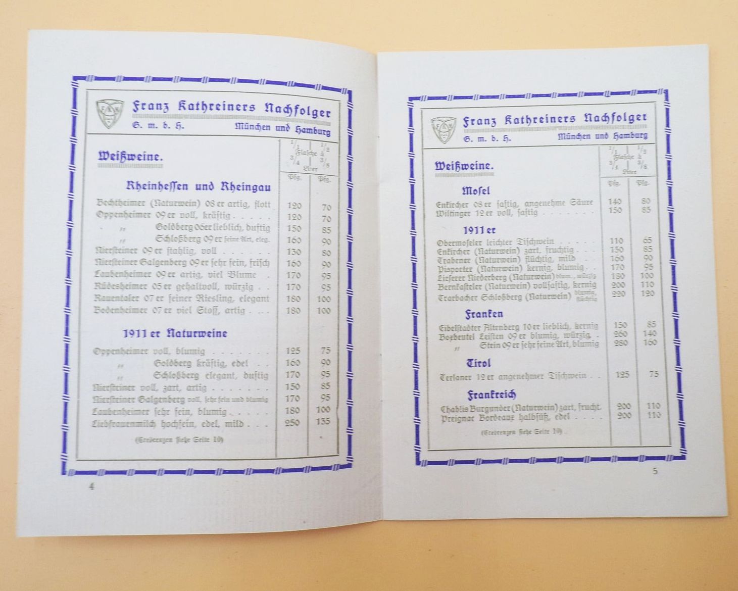 Preisliste Franz Kathreiners Nachfolger München Hamburg Weine 1913