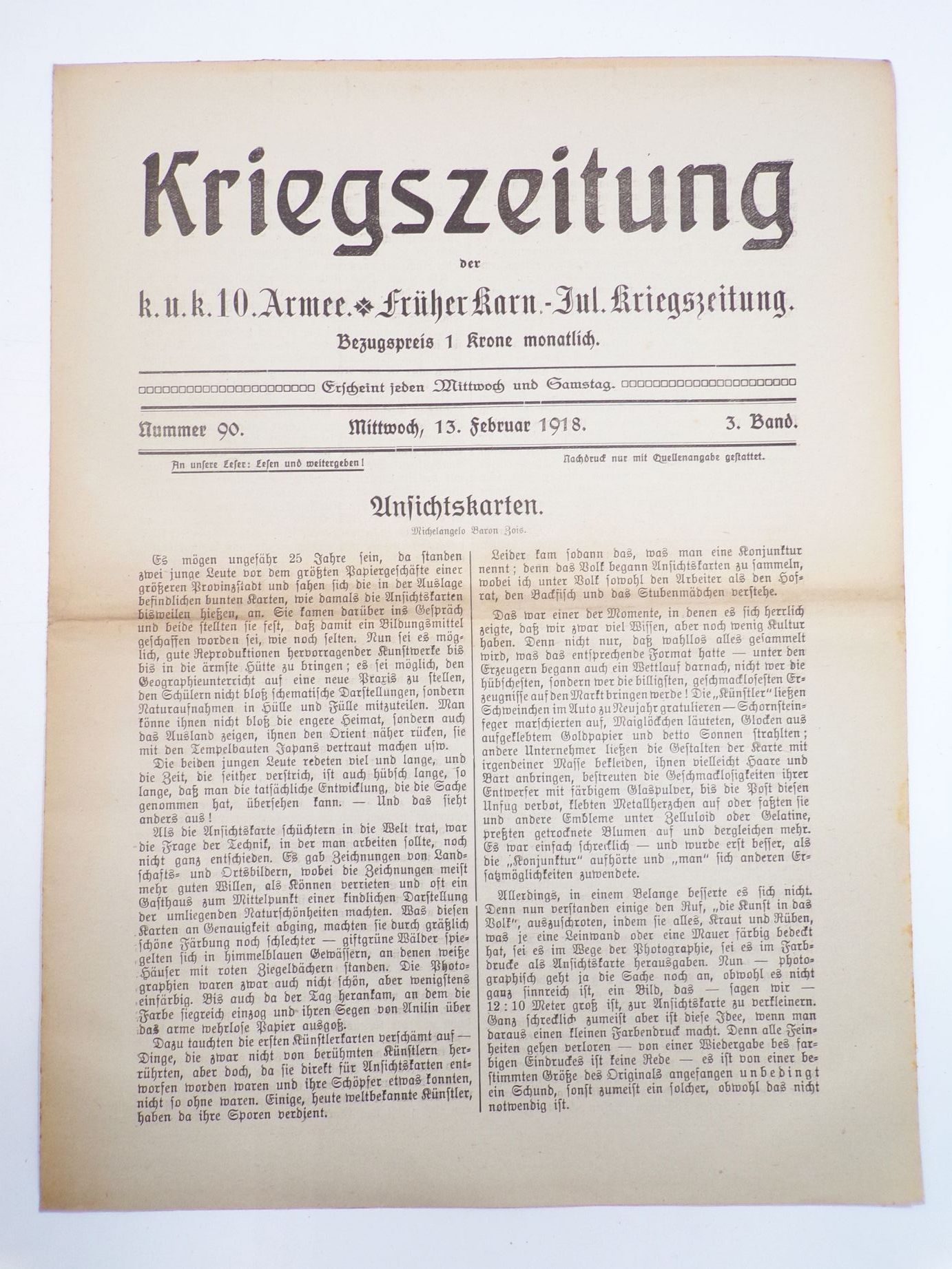Kriegszeitung der kuk 10 Armee 1918 Konvolut 1 Weltkrieg Zeitung