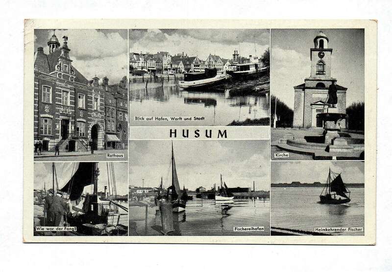Ak Husum Rathaus Hafen Werft und Stadt Kirche 1939