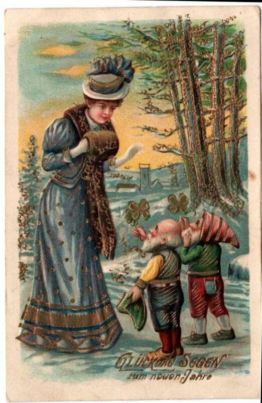 Ak Zwerge begrüßen feine Dame mit Glucksklee um 1910 geprägt