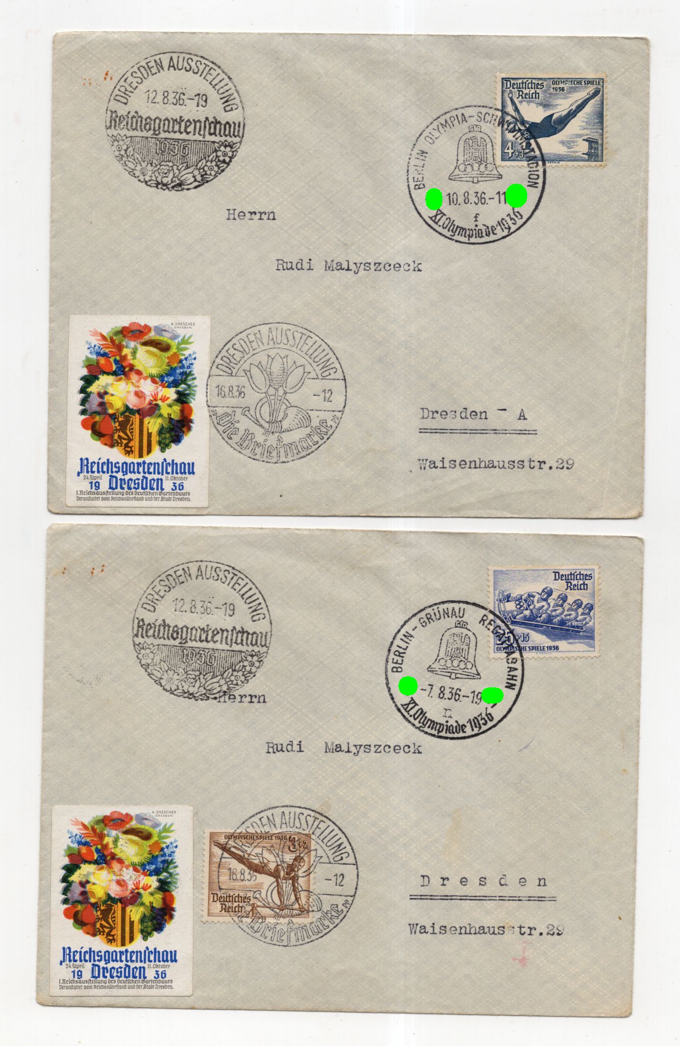 6 x Brief Olympia 1936 Berlin Dresden Reichsgartenschau Vignette 
