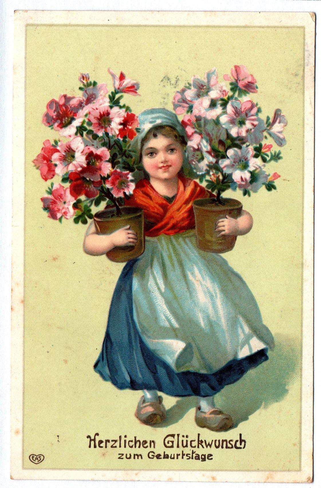 Künstler Ak Herzlichen Glückwunsch zum Geburtstage Mädchen mit Blumen 1908 Künstler Ak Herzlichen Glückwunsch zum Geburtstage Mädchen mit Blumen 1908