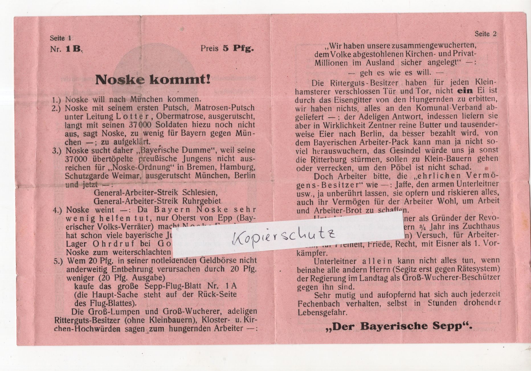 Prospekt Kurt Eisner 1919 Spartakusaufstand Gustav Noske Putsch München Prospekt Kurt Eisner 1919 Spartakusaufstand Gustav Noske Putsch München