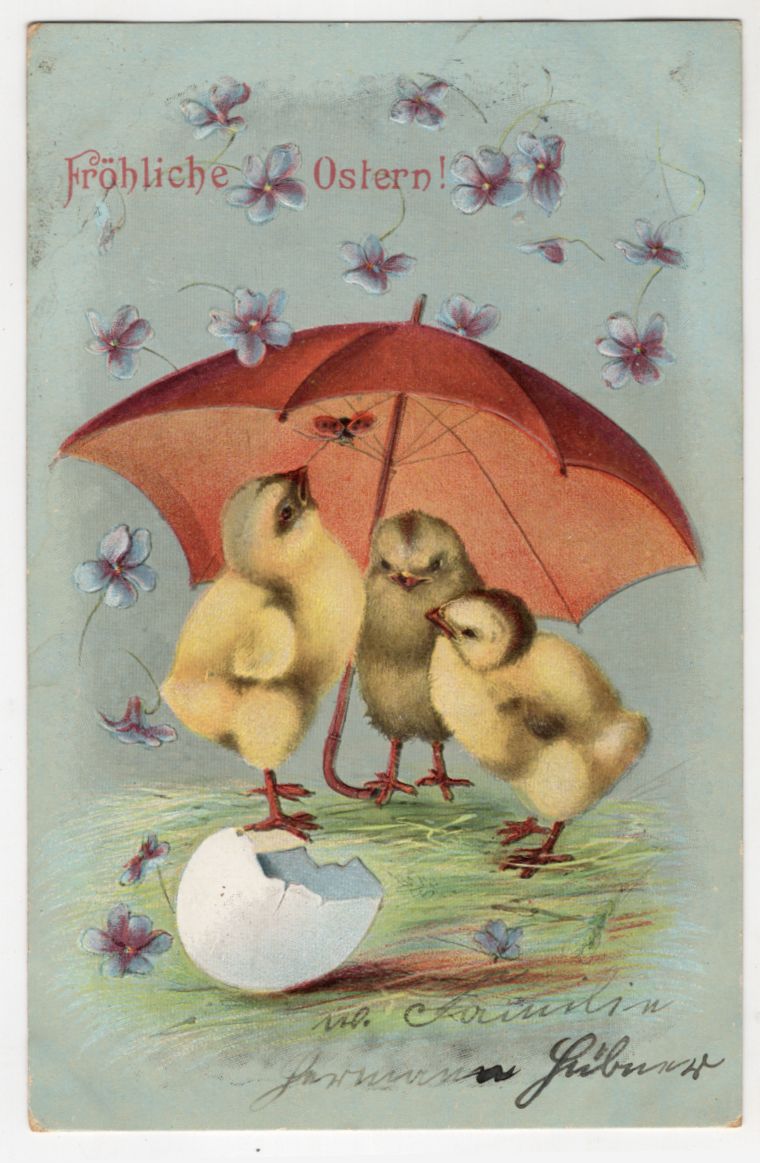 Präge Ak Küken mit Schirm und Blüten Fröhliche Ostern 
