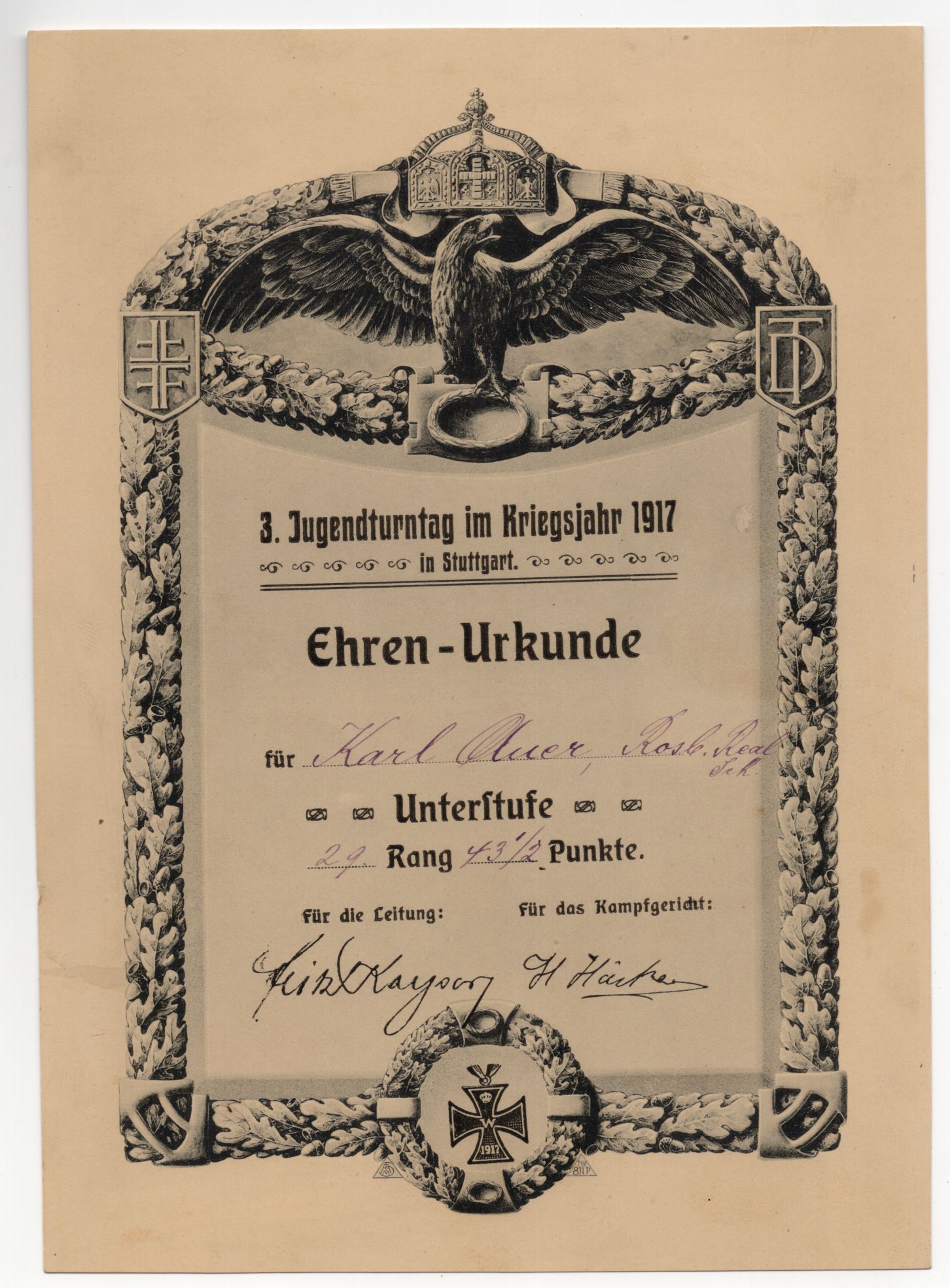 Ehrenurkunde 3 Jugendturntag Kriegsjahr 1917 Stuttgart 