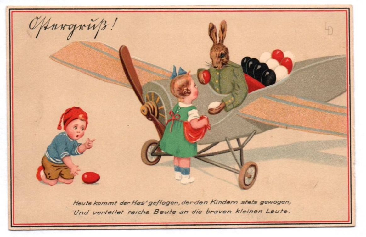 Ak Osterhase in Uniform mit Flugzeug Ostergruss 1916