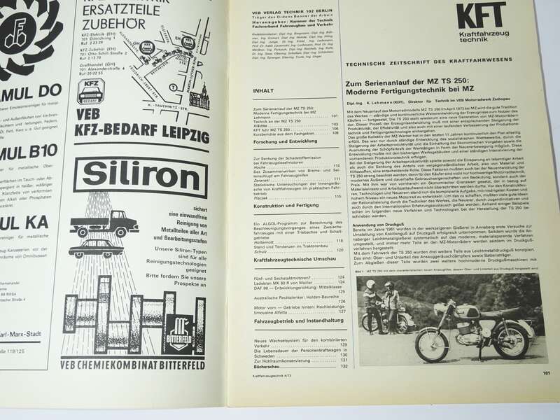 KFT Kraftfahrzeugtechnik Zeitschrift 4  1973 MZ TS250 technische Neuheiten