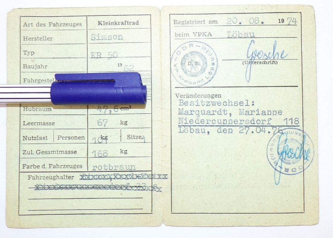 Registrierschein für Kleinkrafträder Simson KR50 