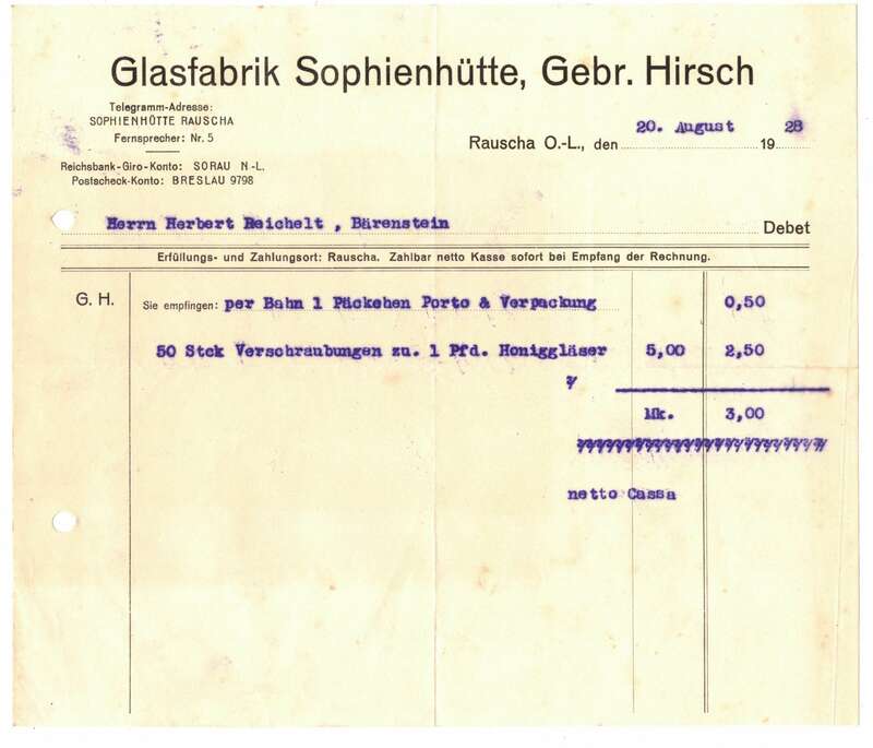Rechnung Glasfabrik Sophienhütte Gebr. Hirsch Rauscha OL 1928 
