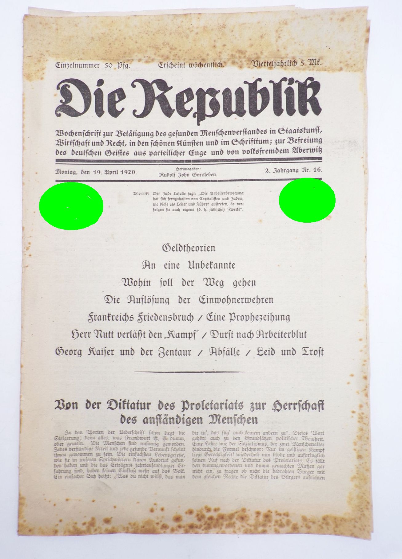 Die Republik 1920 Nummer 16 Diktatur des Proletariats Arbeiterbewegung frühe NSDAP Zeitung