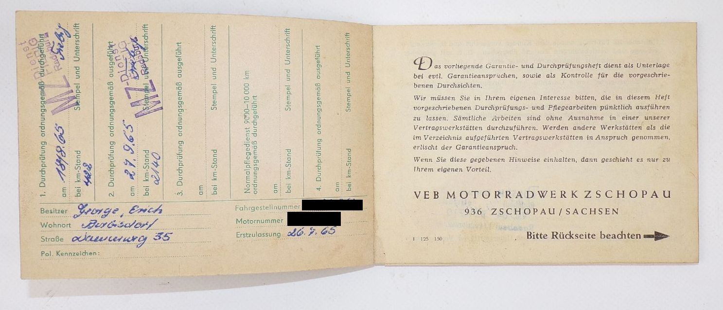 MZ Kundendienst Garantie Durchprüfungsheft Kraftrad ES125 ES150 