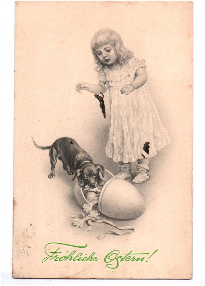 Postkarte Fröhliche Ostern wilder Dackel Mädchen 1908