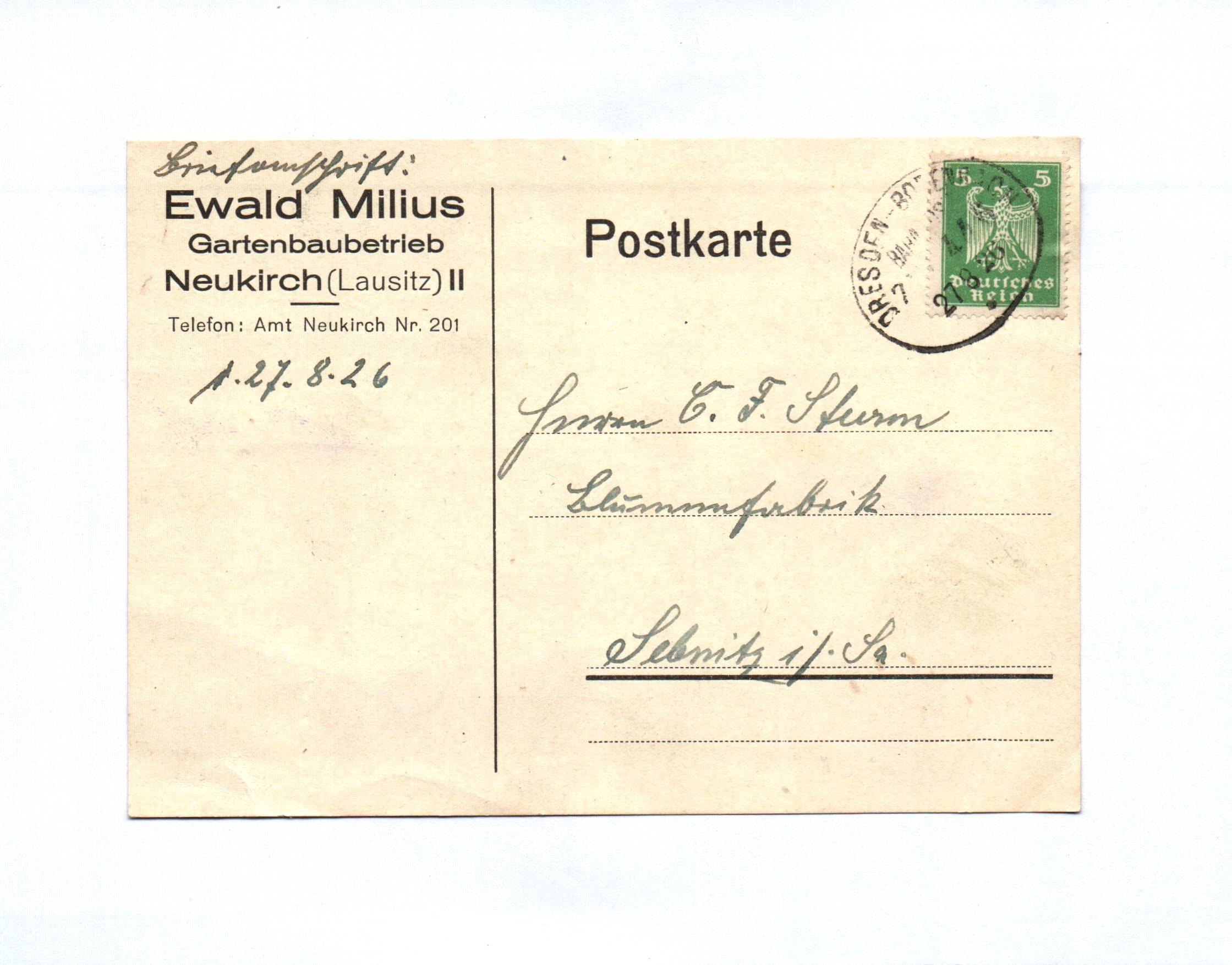 Postkarte Ewald Milius Gartenbaubetrieb Neukirch Lausitz 1926 Postkarte Ewald Milius Gartenbaubetrieb Neukirch Lausitz 1926