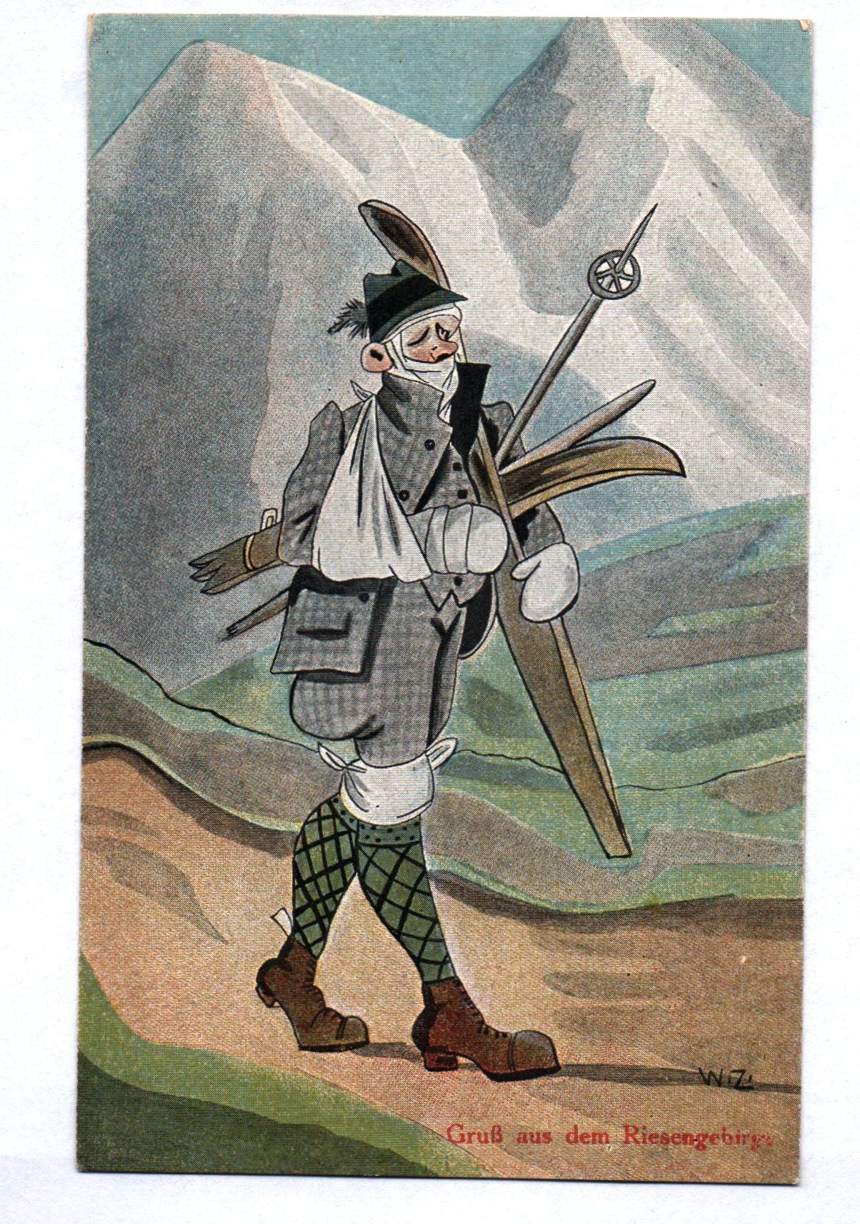 Scherz Ak Gruß aus dem Riesengebirge Wanderer im Verband 