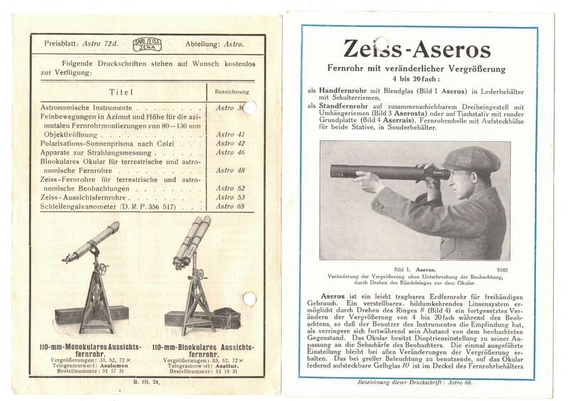 Prospekt Zeiss Teleskop Asegur Starmor Starmorbi Aseros 1920er 