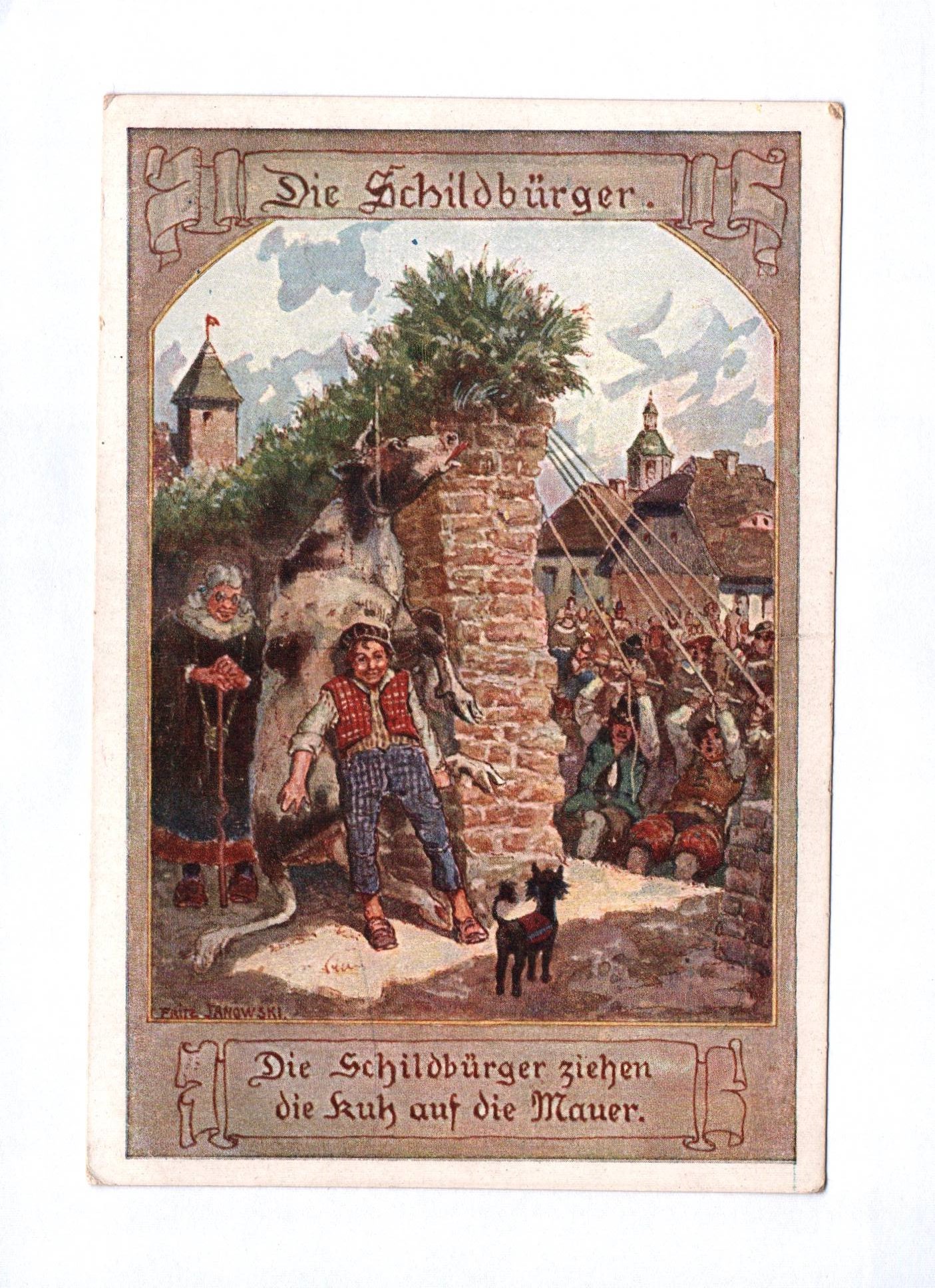 Künstler Ak Schildbürger ziehen Kuh auf die Mauer Nr 9 Künstler Ak Schildbürger ziehen Kuh auf die Mauer Nr 9