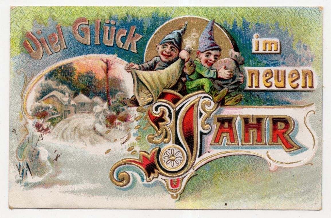 Präge Litho Ak Zwerge schütten Geldsäcke aus Neujahr um 1910