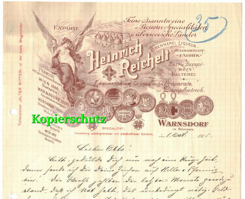 Litho Briefkopf Heinrich Reichelt Warnsdorf 1905 Brennerei Liköre Kelterei 