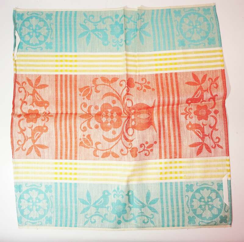 Altes Halb Leinen Geschirrtuch Gelb Rot Grün Bunt Vogel Motiv vintage 