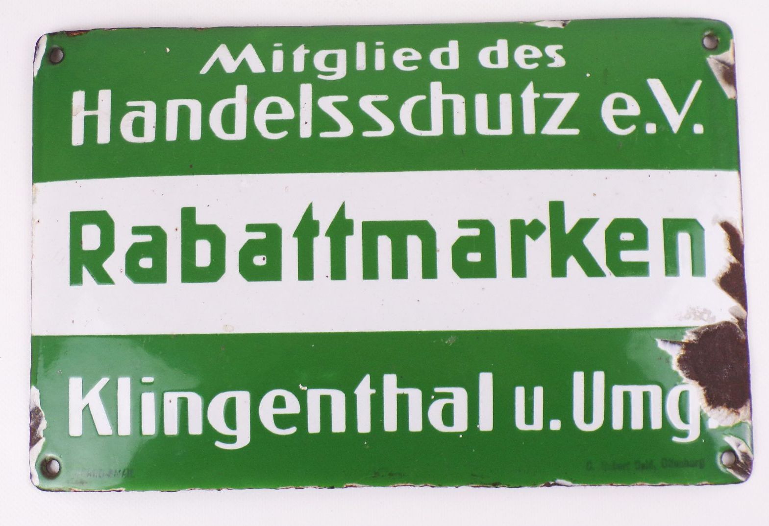 Emailschild Klingenthal und Umgebung Rabattmarken Handelsschutz 1930 er Emailschild Klingenthal und Umgebung Rabattmarken Handelsschutz 1930 er