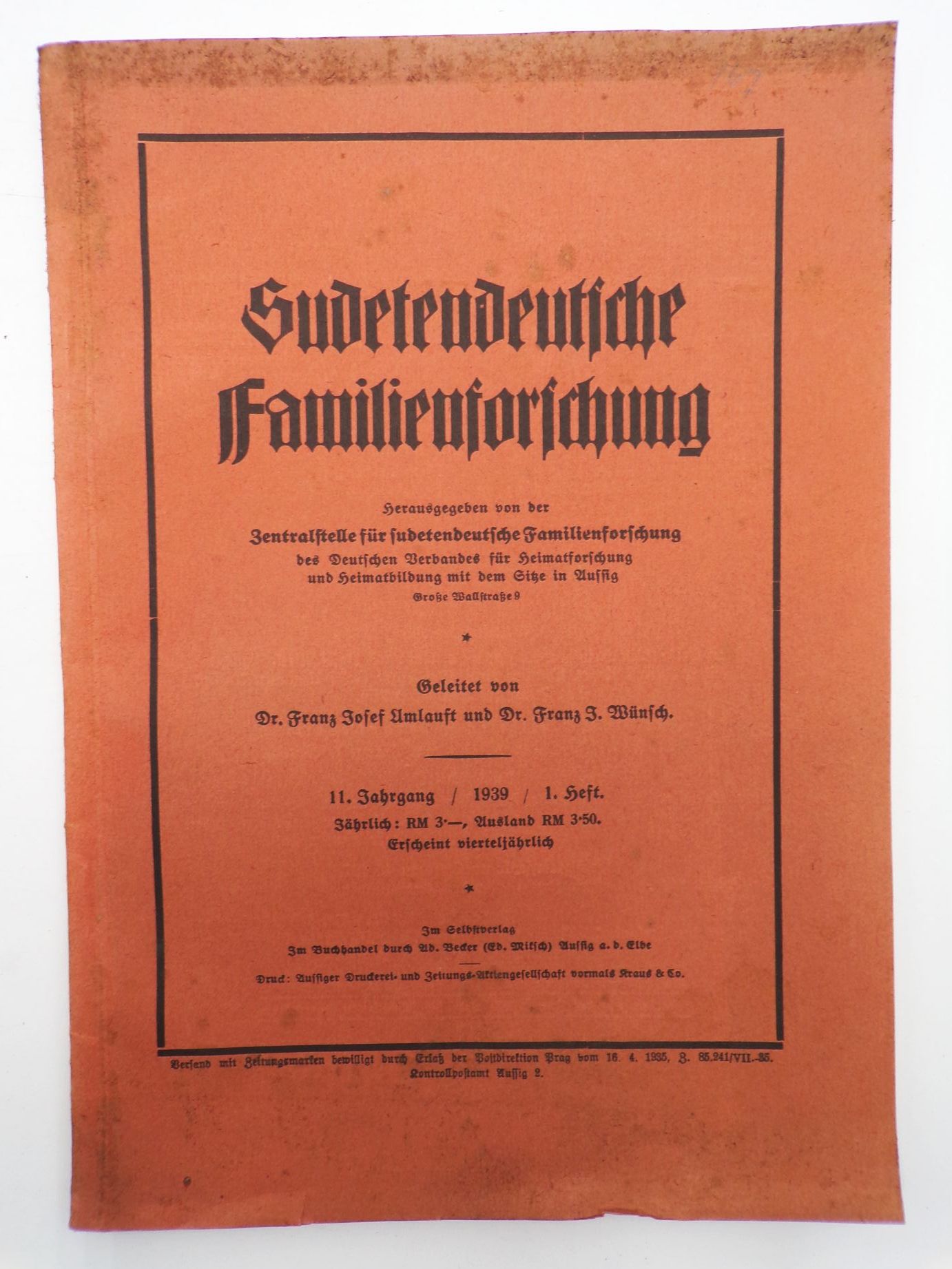Sudetendeutsche Familienforschung 1939 Heft 1 Aussig Sudeten Tschechien