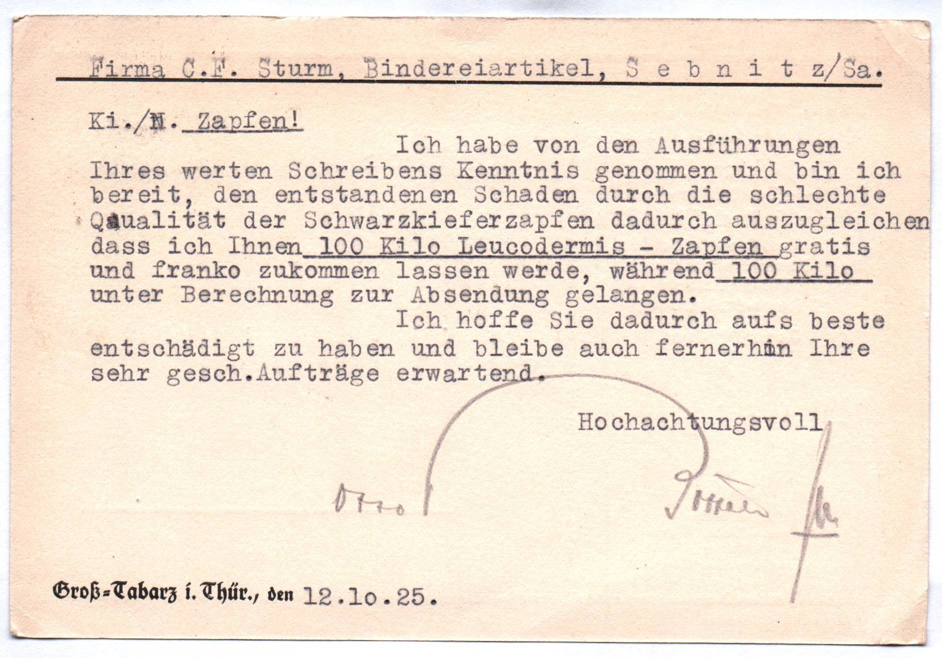 Postkarte Otto Böttcher Groß Tabarz in Thüringen Samengroßhandlung 1925 Postkarte Otto Böttcher Groß Tabarz in Thüringen Samengroßhandlung 1925