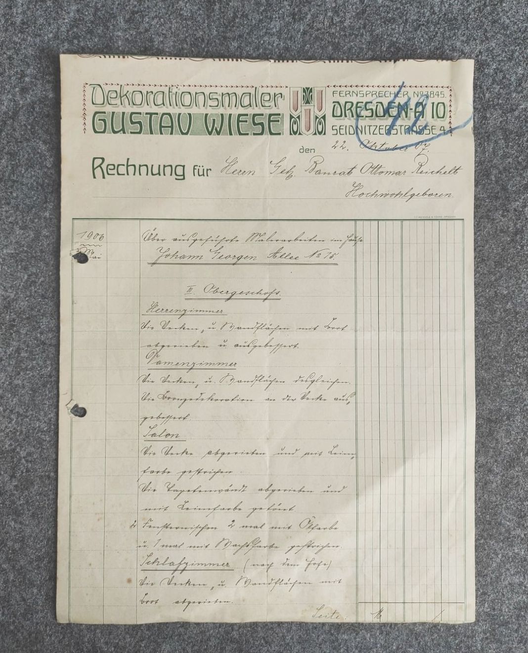 Dekorationsmaler Gustav Wiese Dresden 1907 Rechnung Dekorationsmaler Gustav Wiese Dresden 1907 Rechnung