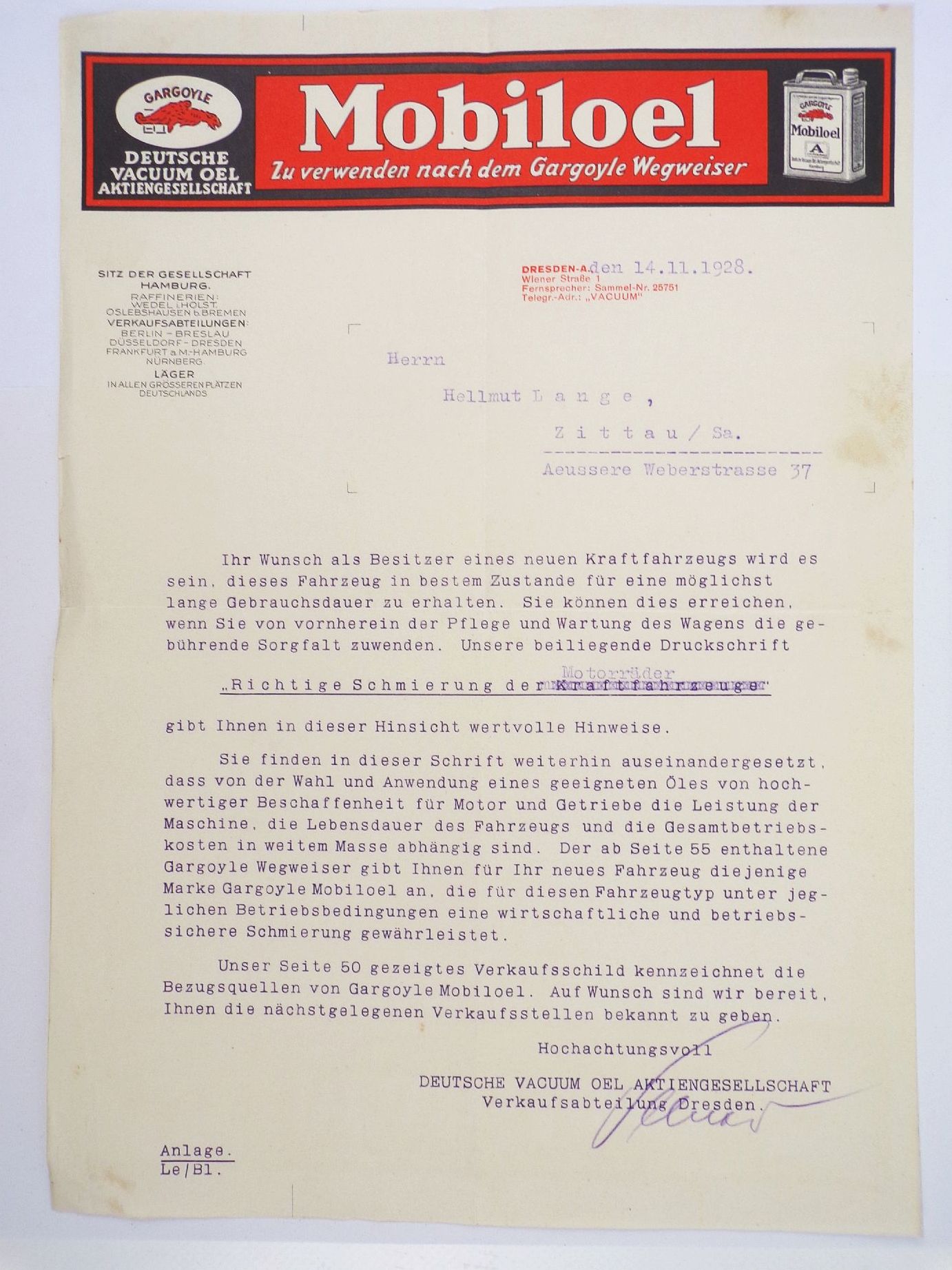 Briefkopf Mobiloel Gargoyle 1928 Dresden