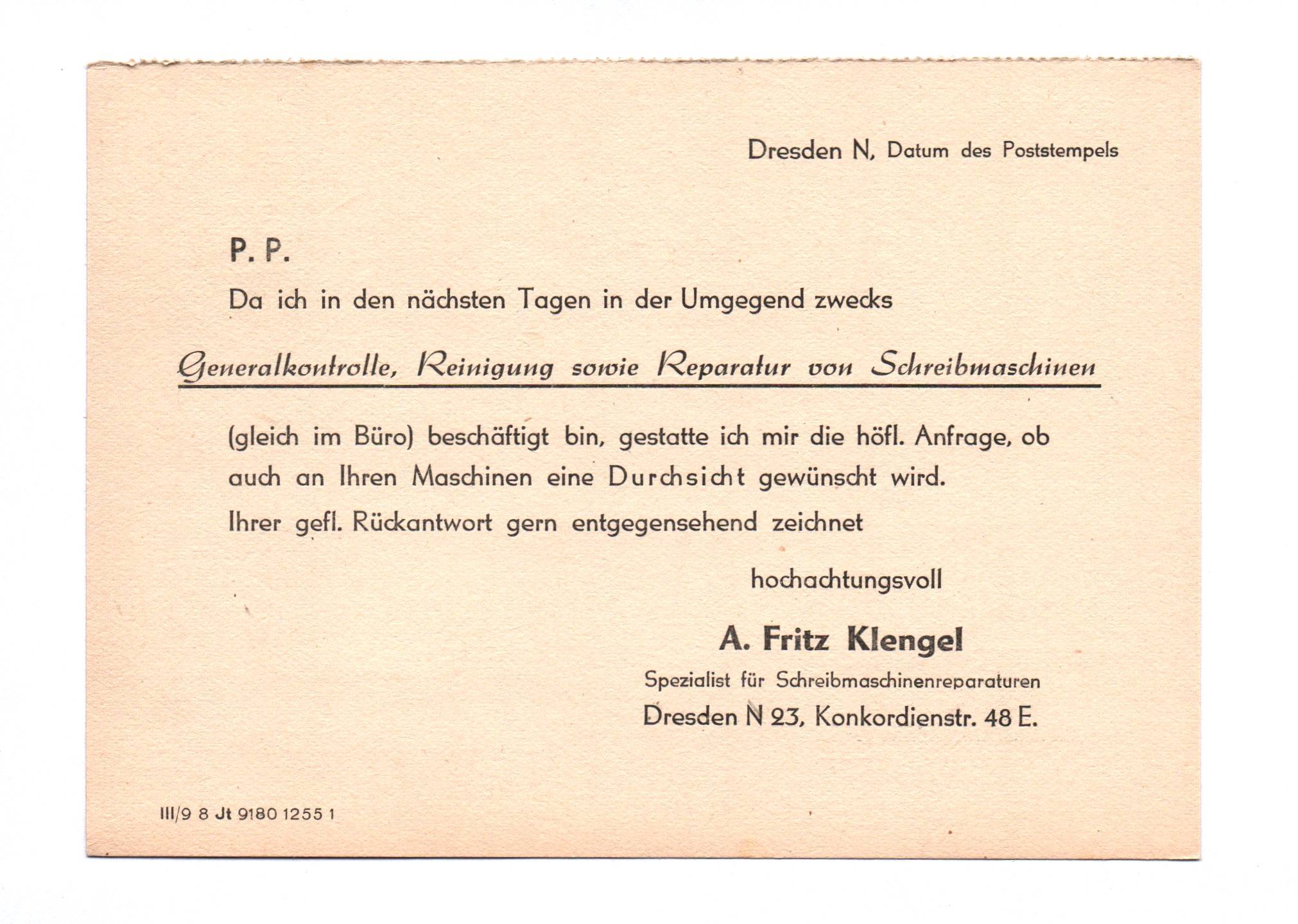 Drucksache Spezialist Schreibmaschinen Reparatur Dresden 1956 Drucksache Spezialist Schreibmaschinen Reparatur Dresden 1956