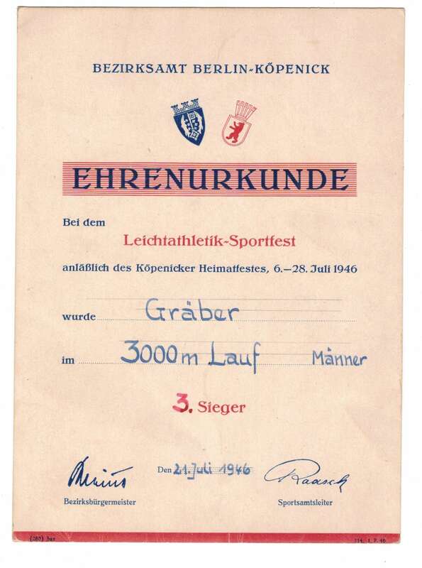 Ehren Urkunde Leichtathletik Sportfest Berlin Köpenick 1946 