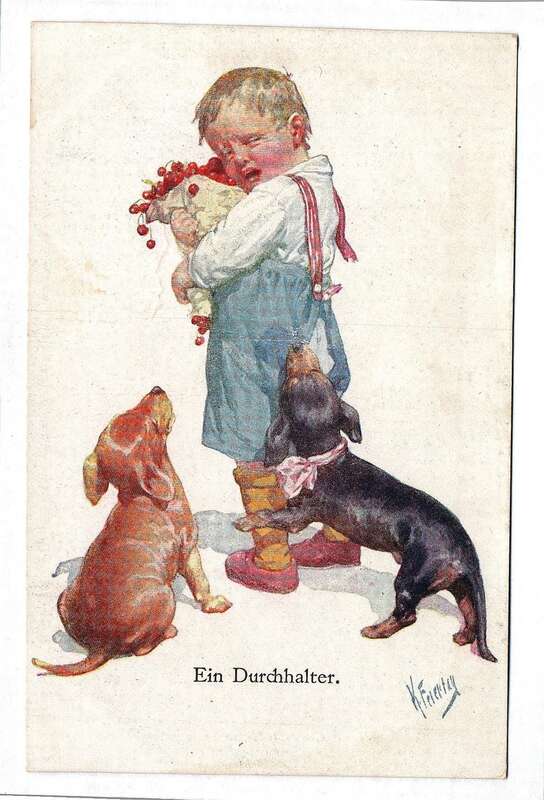 Motivkarte „Ein Durchhalter“ Kind mit zwei Hunden Dackel