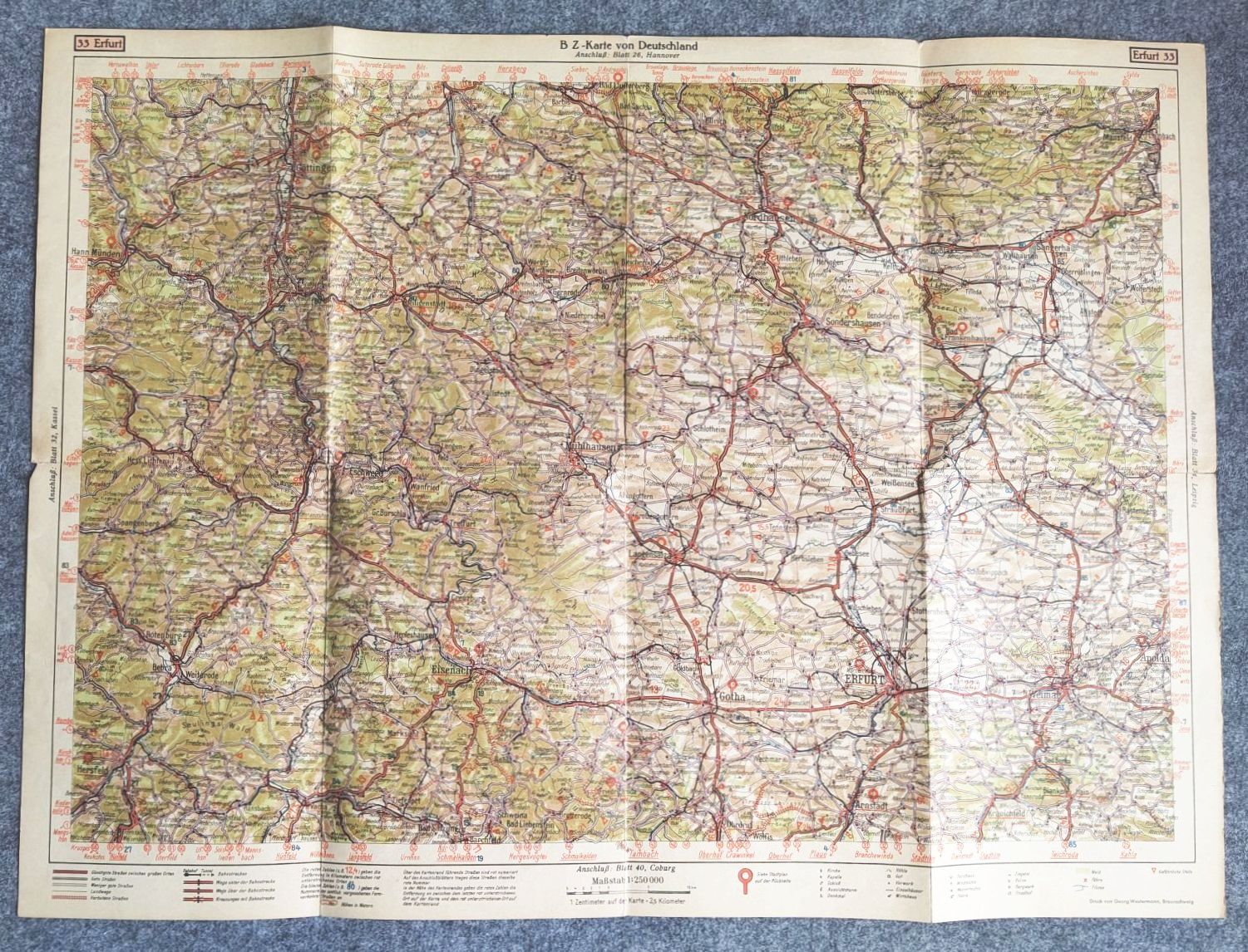 BZ Karte 33 Erfurt Südharz Göttingen Weimar Eisenach alte Landkarte BZ Karte 33 Erfurt Südharz Göttingen Weimar Eisenach alte Landkarte