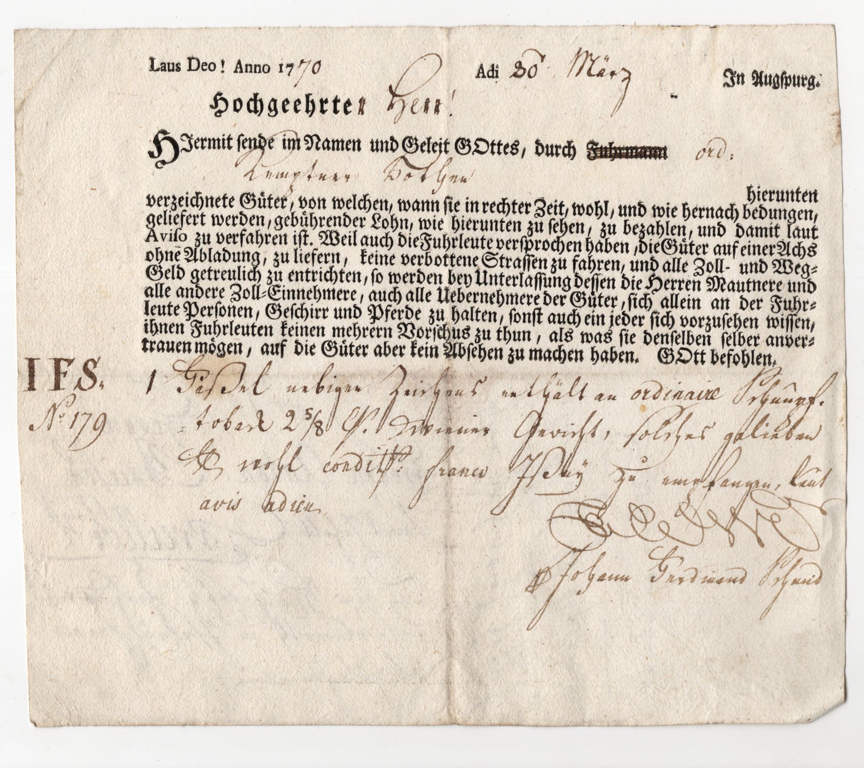 Augsburg Dokument 1770 Frachtschein Transportbeleg Augsburg Dokument 1770 Frachtschein Transportbeleg