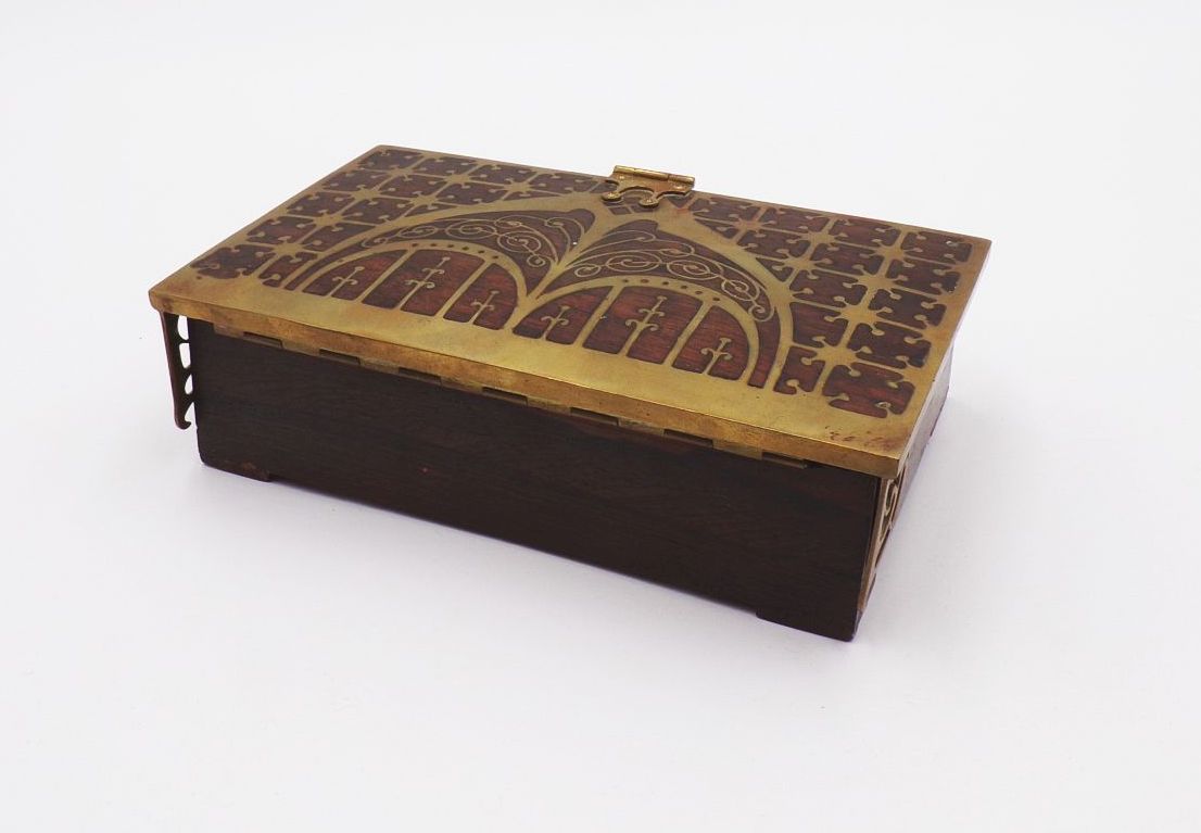 Jugendstil Erhard u Söhne Schatulle Messing Einlage Palisander Dose