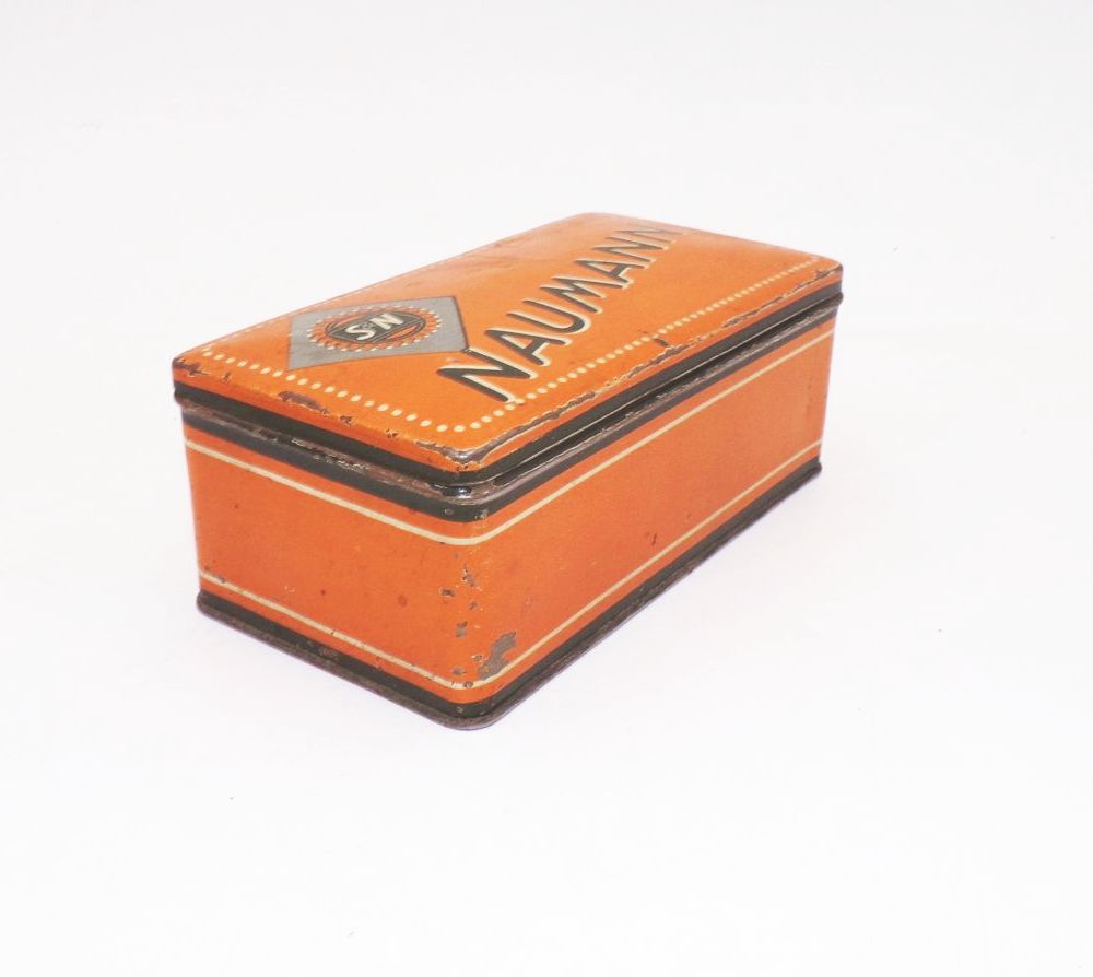 Alte Seidel und Naumann Blechdose orange Nähmaschinen Dose Box 