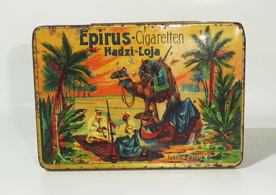 Epirus Cigaretten Hadzi Loja Dresden Blechdose Zigarettendose um 1910