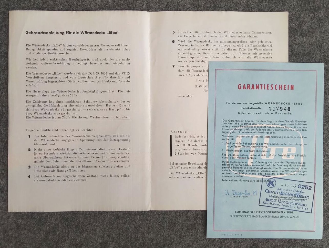 Originale Gebrauchsanleitung Wärmedecke Efbe 1971 mit Garantieschein Originale Gebrauchsanleitung Wärmedecke Efbe 1971 mit Garantieschein