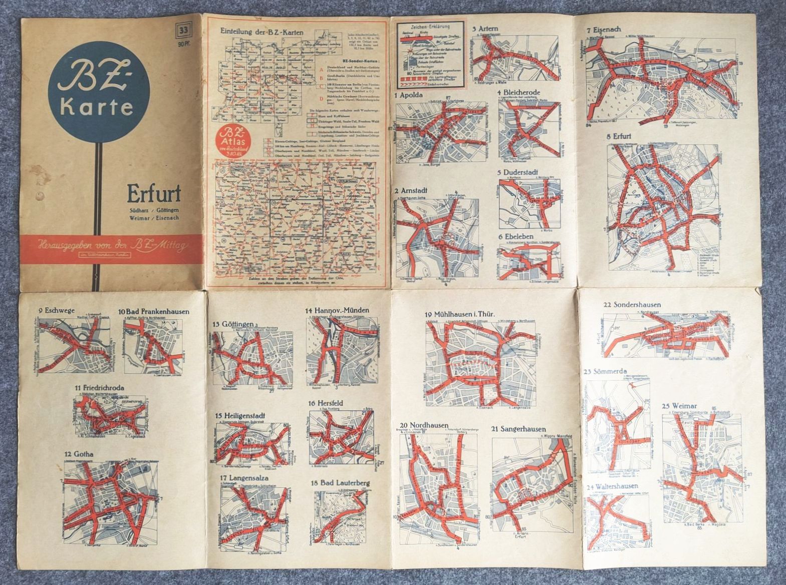 BZ Karte 33 Erfurt Südharz Göttingen Weimar Eisenach alte Landkarte BZ Karte 33 Erfurt Südharz Göttingen Weimar Eisenach alte Landkarte