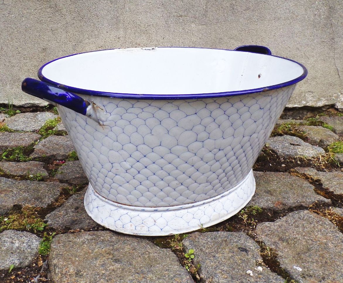 Alte Email Wanne Wabenmuster Netzdekor Blau Weiß Behälter Pfanzgefäß Alte Email Wanne Wabenmuster Netzdekor Blau Weiß Behälter Pfanzgefäß