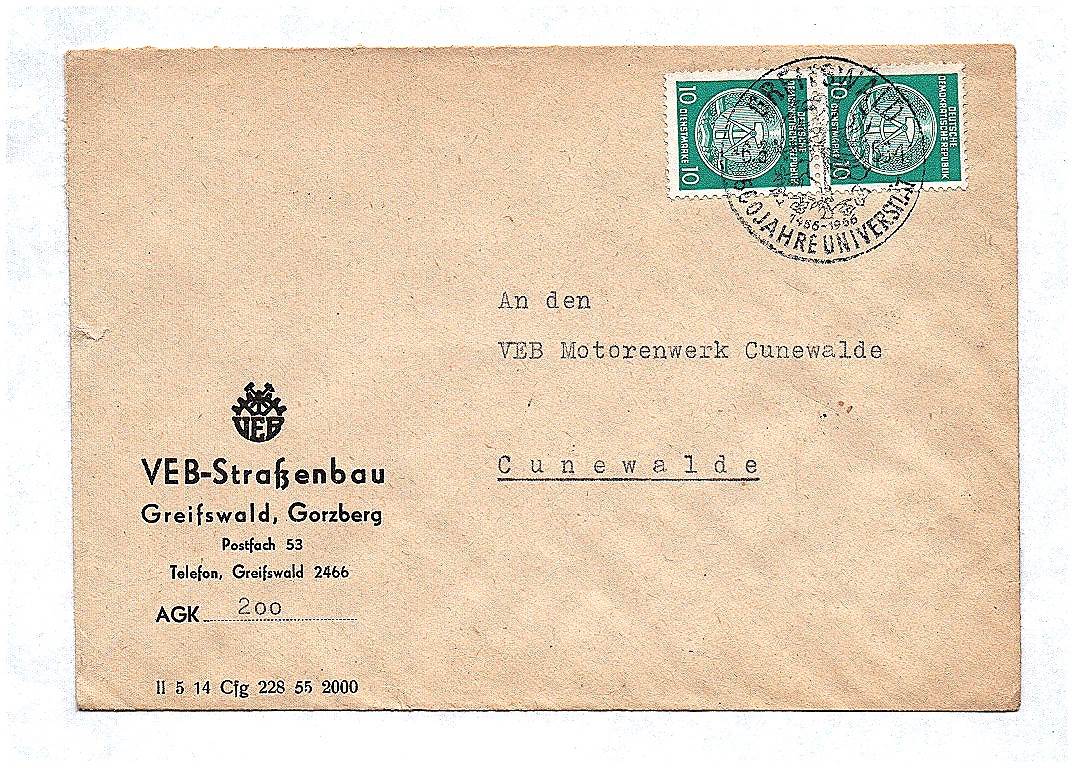 Briefkuvert VEB Straßenbau Greifswald Gorzberg