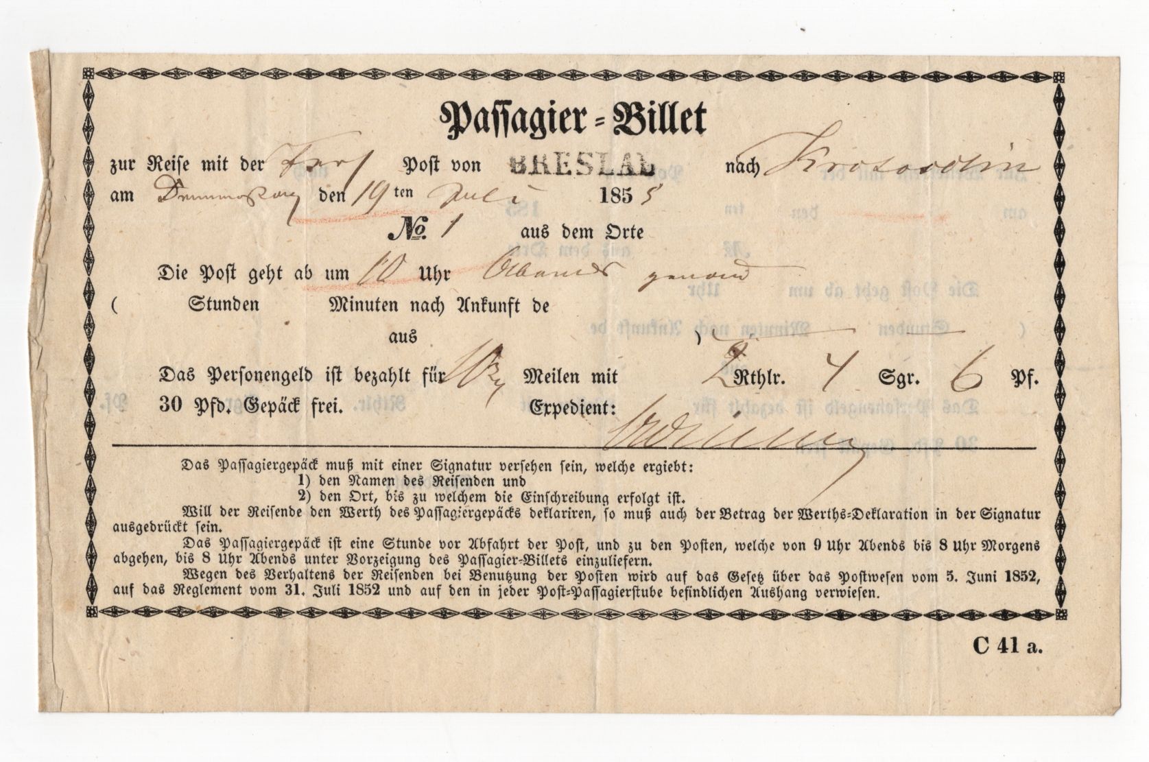 Passagier Billet Breslau Krotoschin 1855 Dokument Postwagen Fahrschein