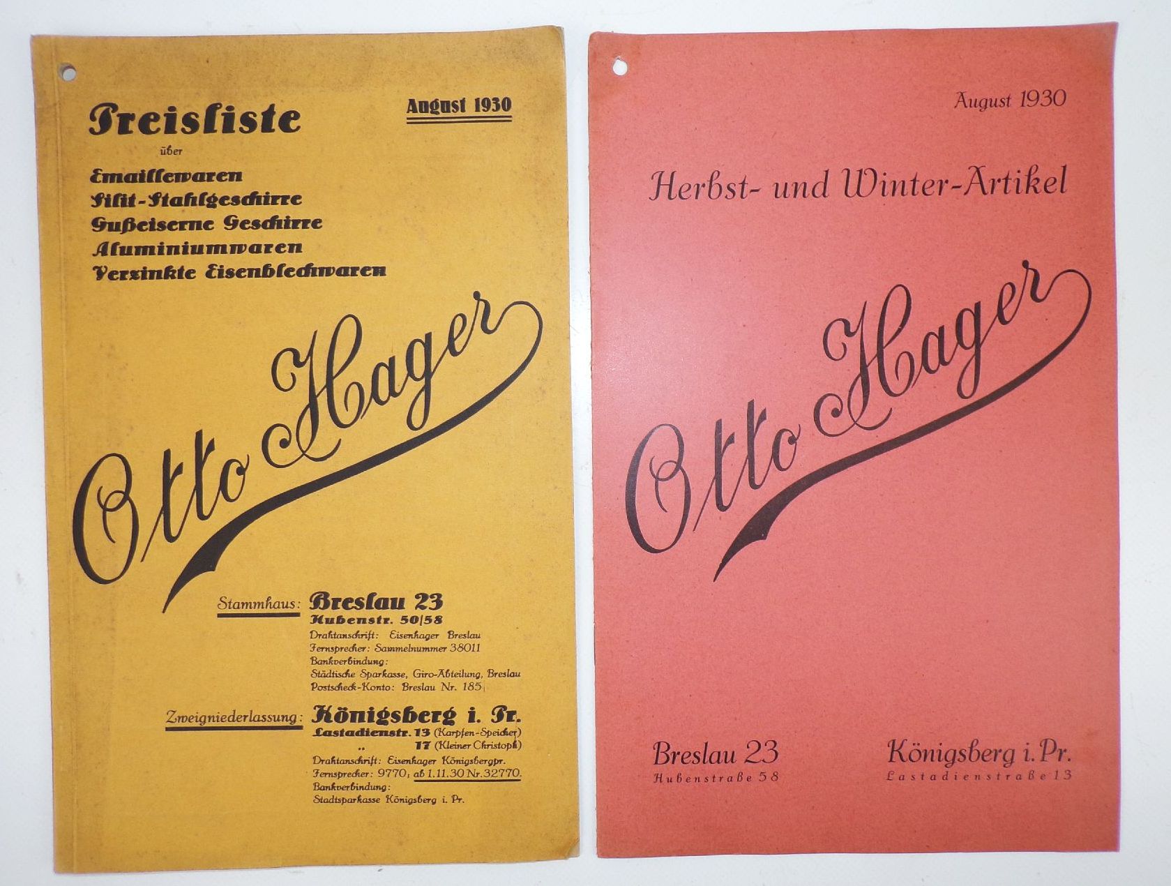 2 x Katalog Otto Hager Breslau Königsberg Emaille Waren Sturmlaterne Haushaltswaren 1930 2 x Katalog Otto Hager Breslau Königsberg Emaille Waren Sturmlaterne Haushaltswaren 1930