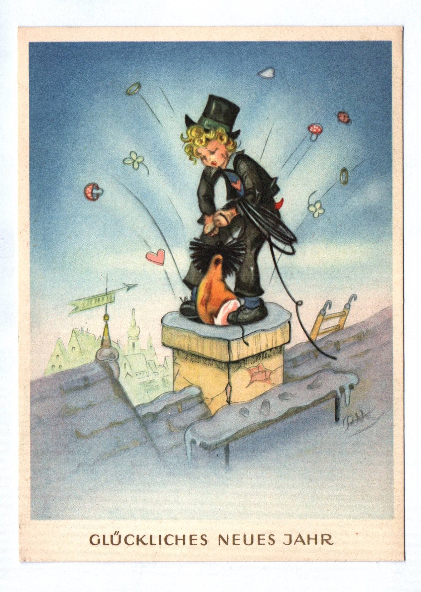 Künstler Ak Glückliches Neues Jahr Schornsteinfeger auf dem Dach