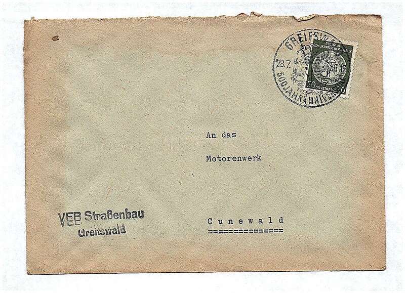 An das Motorenwerk Cunewald DDR Briefkuvert 1956 Brierf
