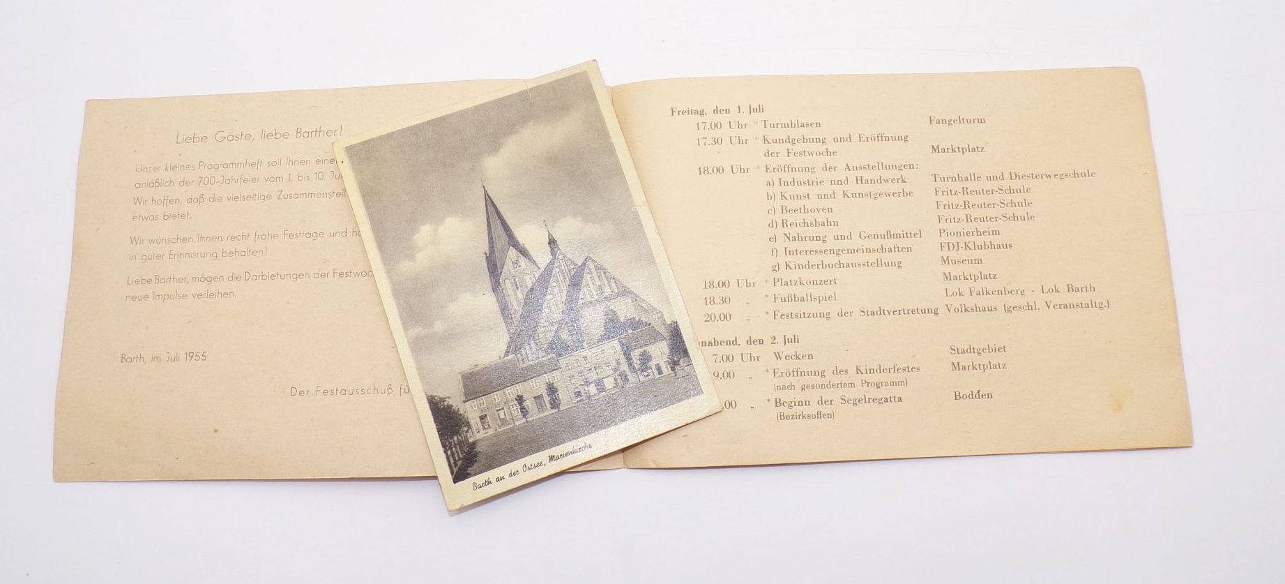 Festprogramm Barth 700 Jahrfeier 1955 mit Ansichtskarte