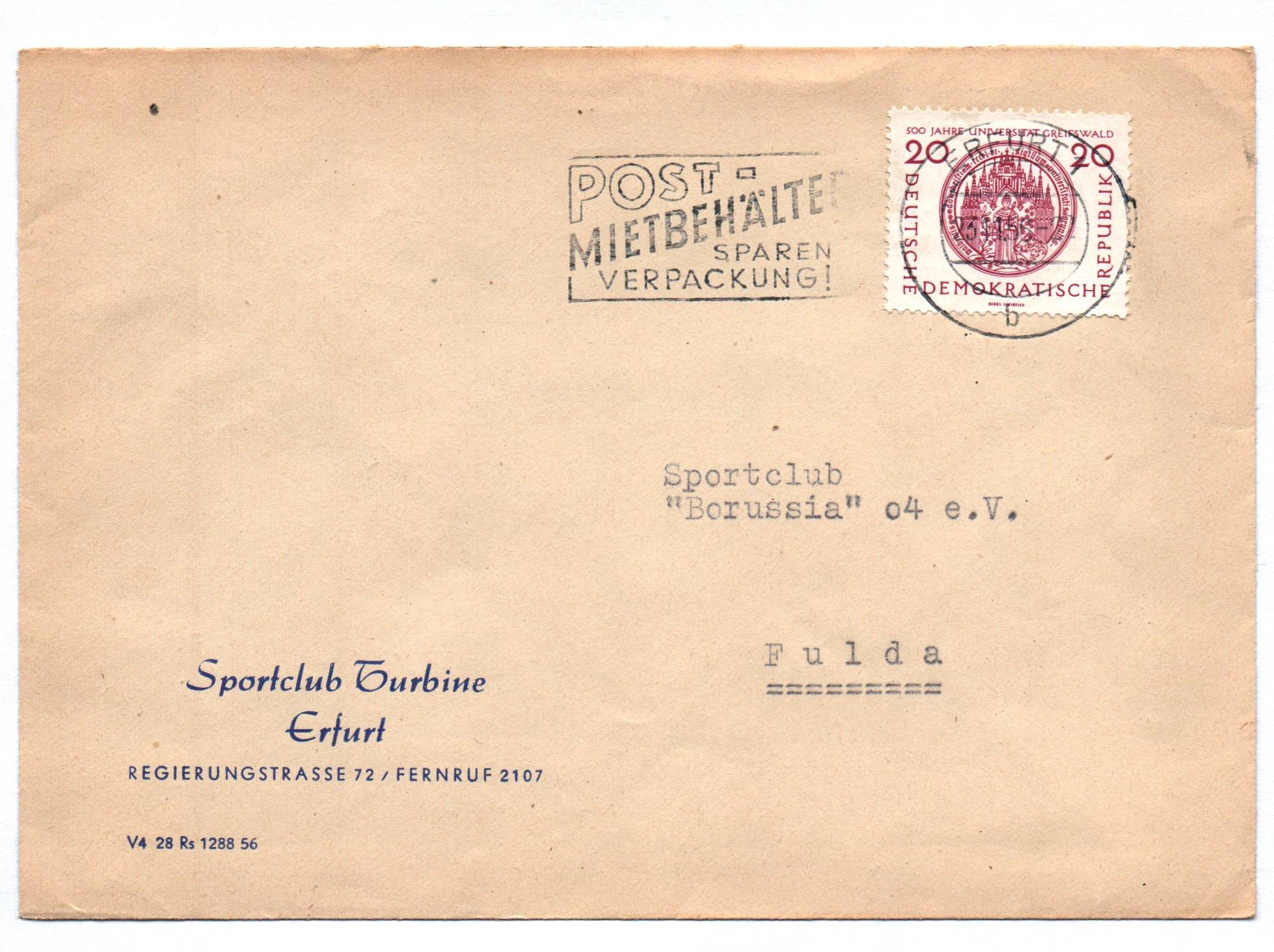 Brief Sportclub Turbine Erfurt 1956 DDR