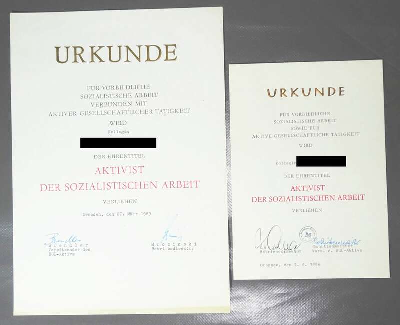 2 x Urkunde Aktivist sozialistischer Arbeit DDR 1983 1986 Mitropa Dresden 